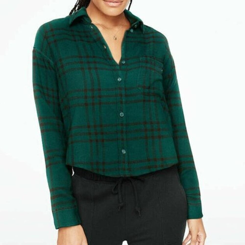 PINK Victoria's Secret Women's Green Plaid Cropped Button Down Flannel Shirt S